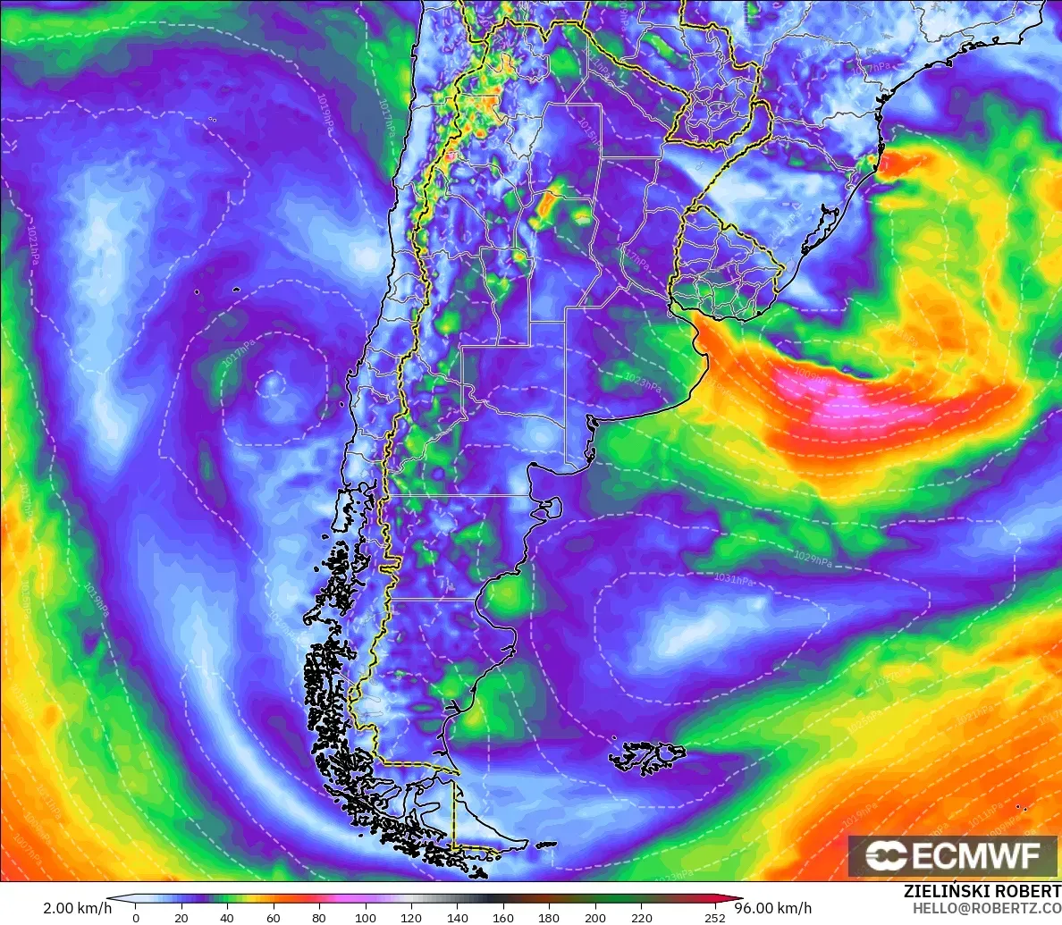 ECMWF IFS 0.25° model - Argentina, Wind Gusts