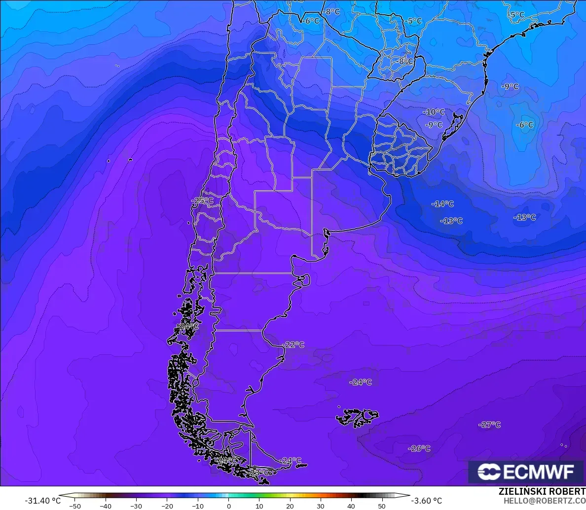 ECMWF IFS 0.25° model - Argentina, Temperature at 500hPa