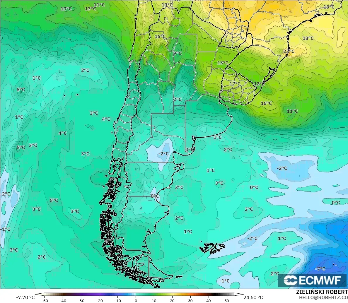 ECMWF IFS 0.25° model - Argentina, Temperature at 850hPa