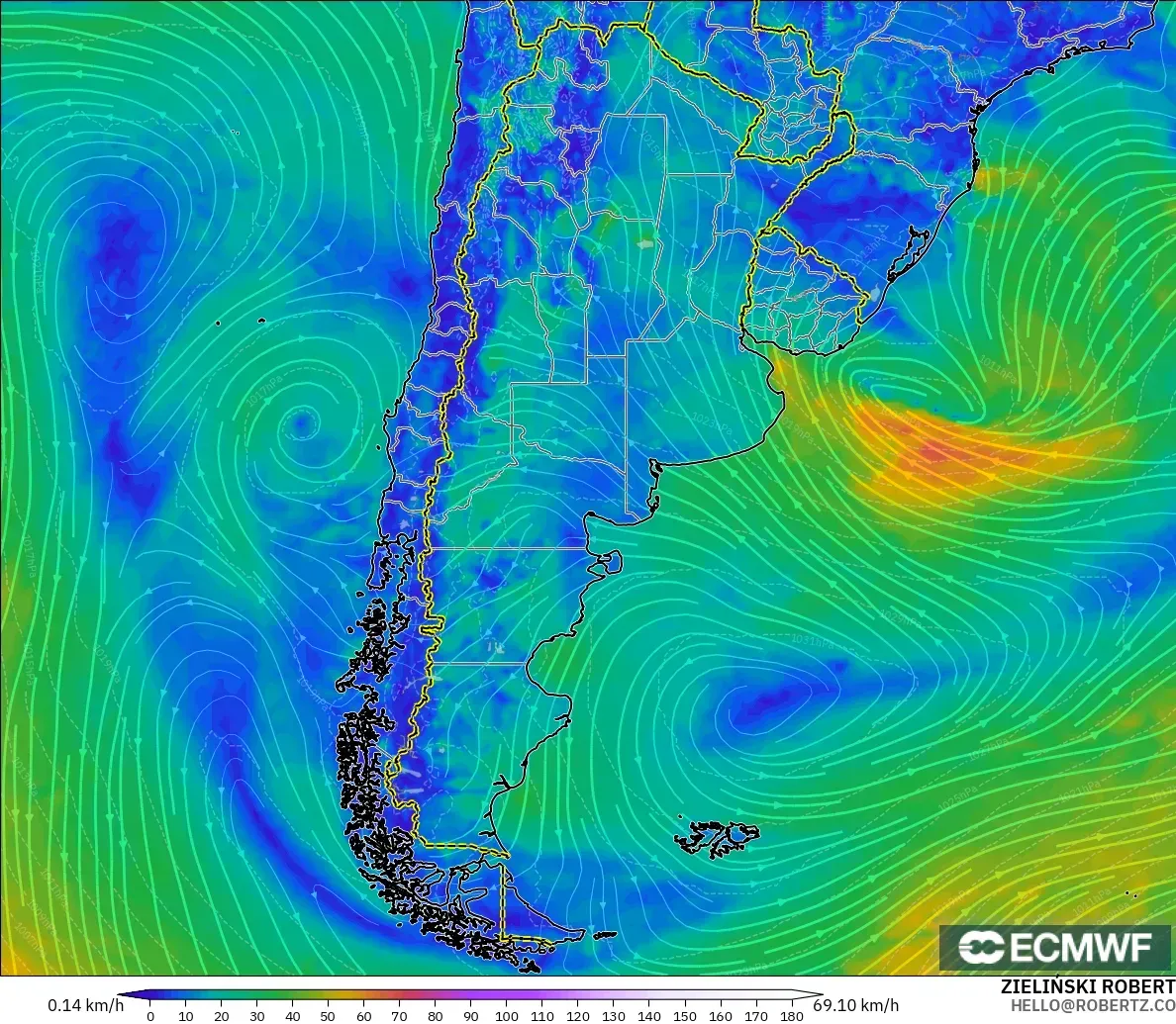 ECMWF IFS 0.25° model - Argentina, Wind at 10m