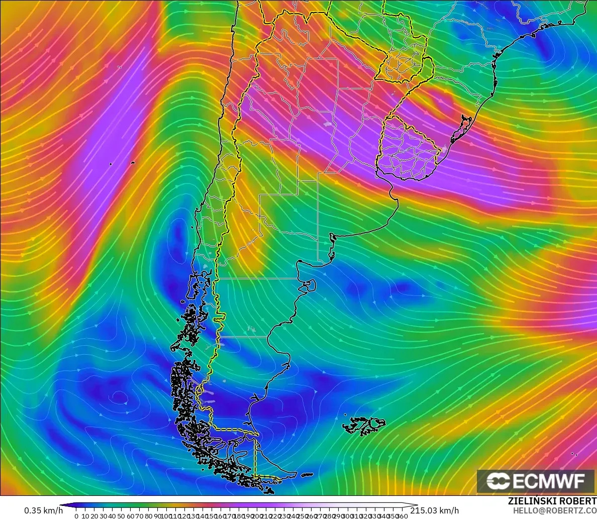 ECMWF IFS 0.25° model - Argentina, Wind at 300hPa (jet stream)