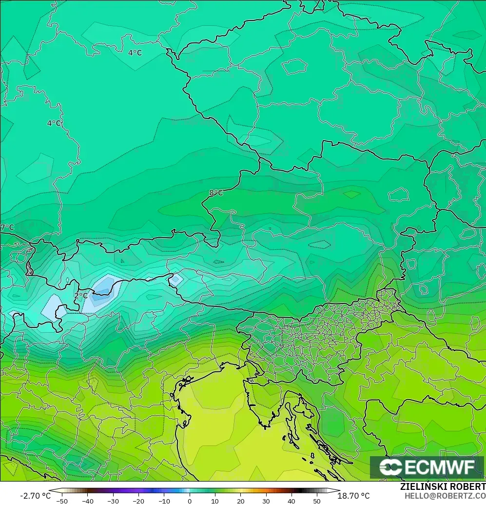 ECMWF IFS 0.25° model - Austria, Dewpoint at 2m