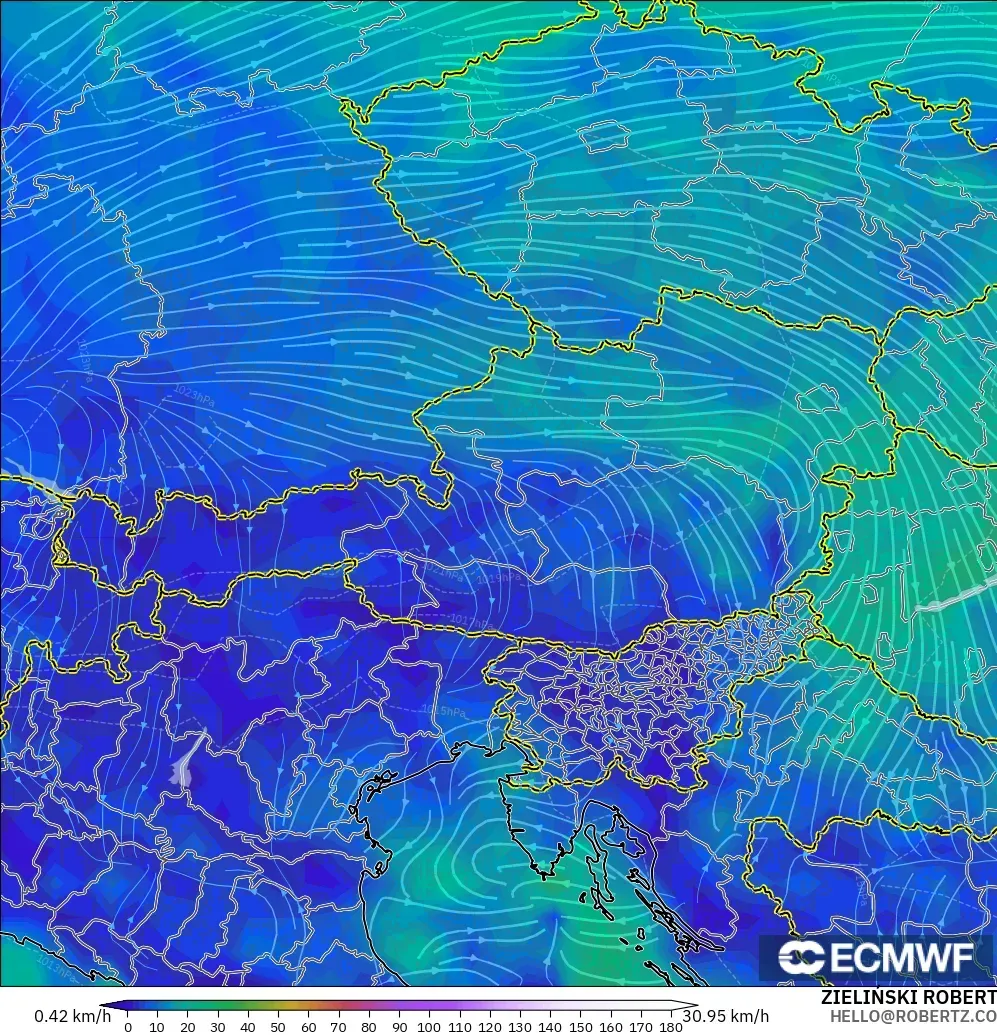 ECMWF IFS 0.25° model - Austria, Wind at 10m