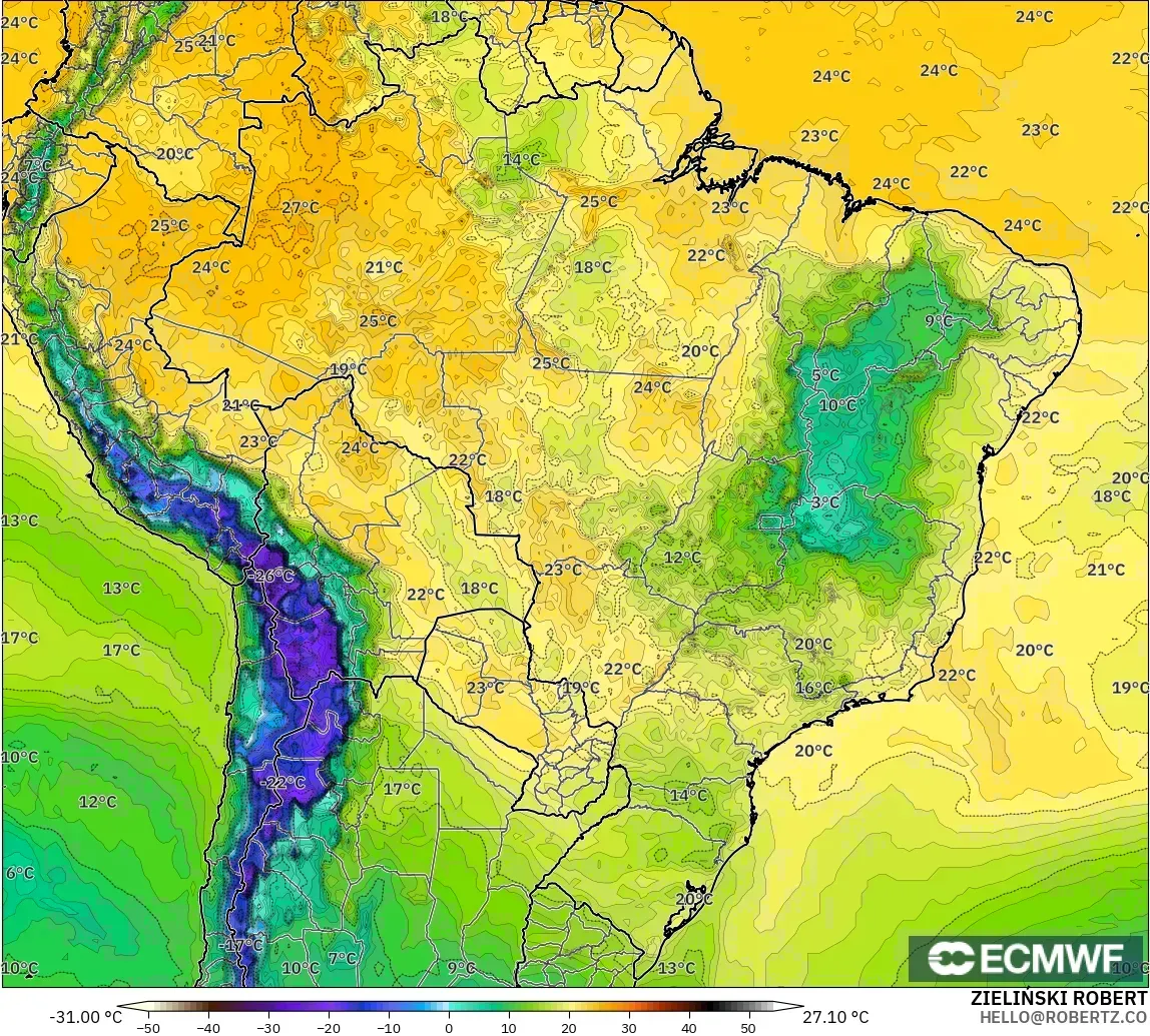 ECMWF IFS 0.25° model - Brazil, Dewpoint at 2m