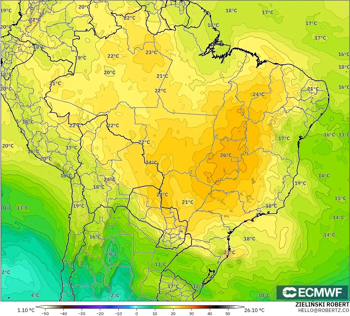 ECMWF IFS 0.25° model - Brazil, Temperature at 850hPa