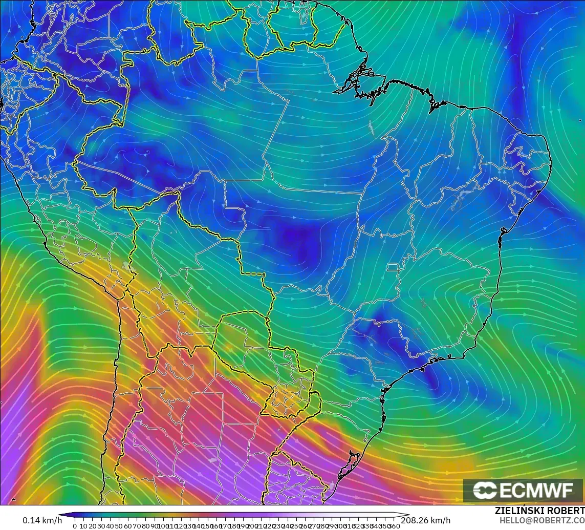 ECMWF IFS 0.25° model - Brazil, Wind at 300hPa (jet stream)