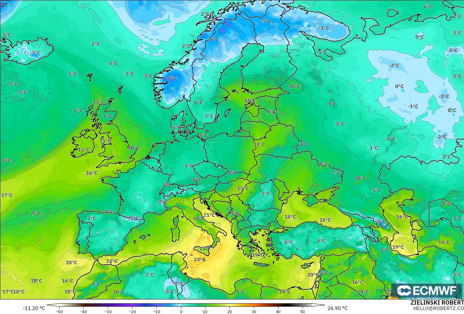 ECMWF IFS 0.25° model - Europe, Dewpoint at 2m