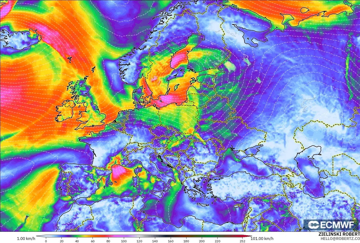 ECMWF IFS 0.25° model - Europe, Wind Gusts