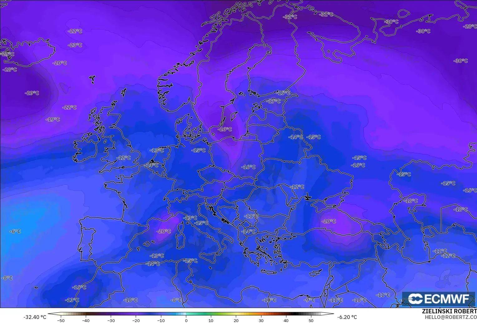 ECMWF IFS 0.25° model - Europe, Temperature at 500hPa
