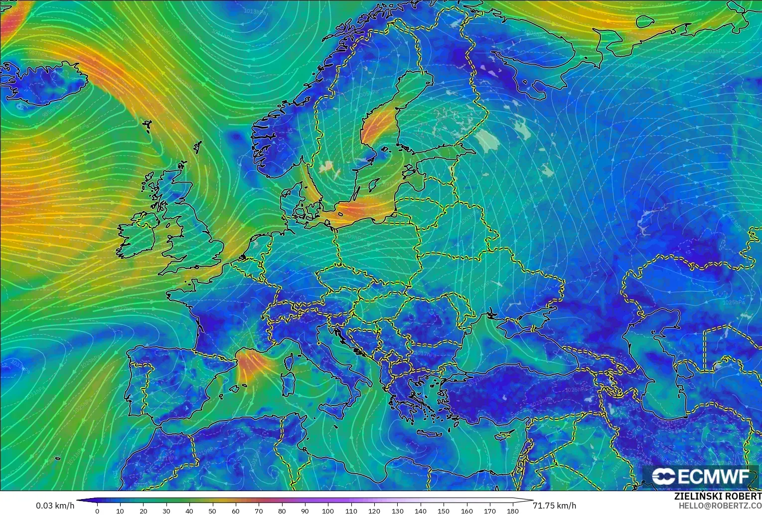 ECMWF IFS 0.25° model - Europe, Wind at 10m