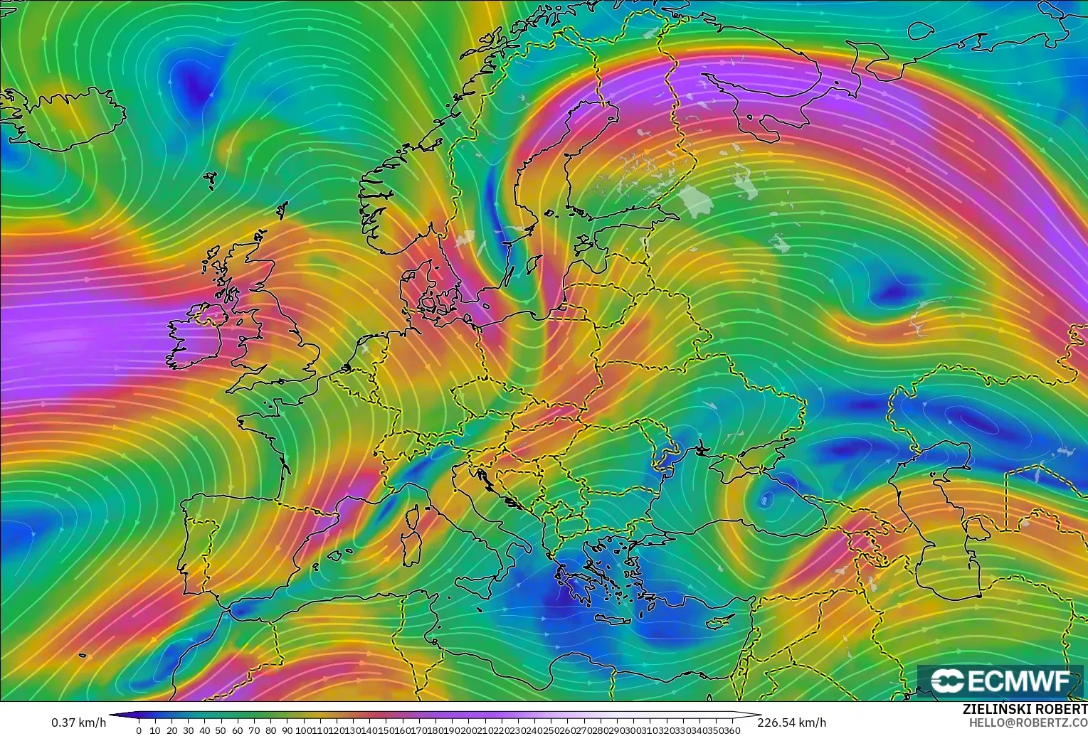 ECMWF IFS 0.25° model - Europe, Wind at 300hPa (jet stream)
