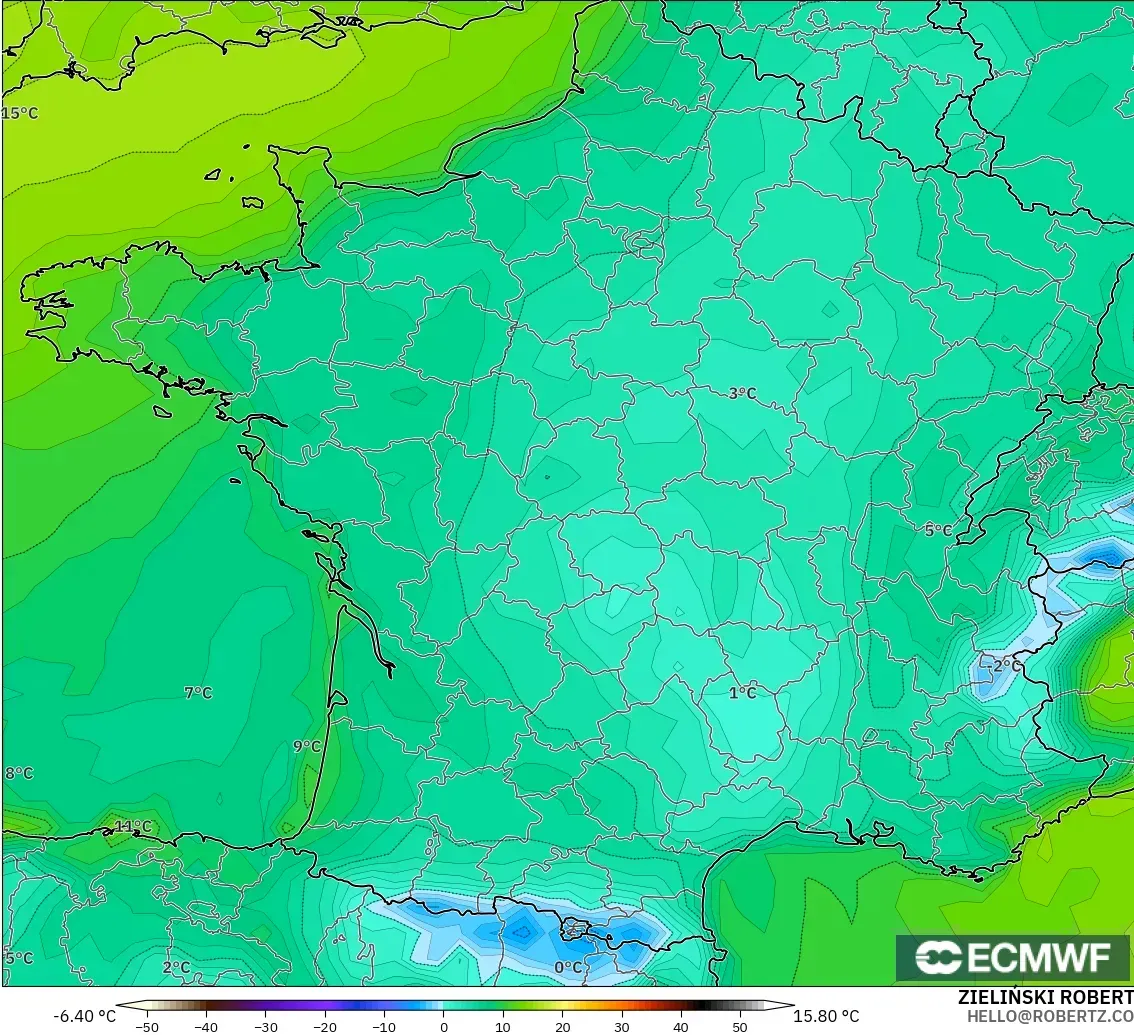 ECMWF IFS 0.25° model - France, Dewpoint at 2m