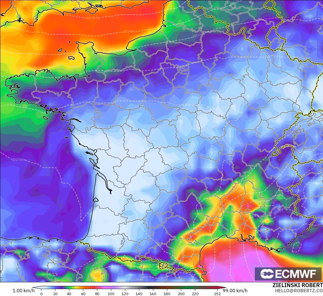 ECMWF IFS 0.25° model - France, Wind Gusts