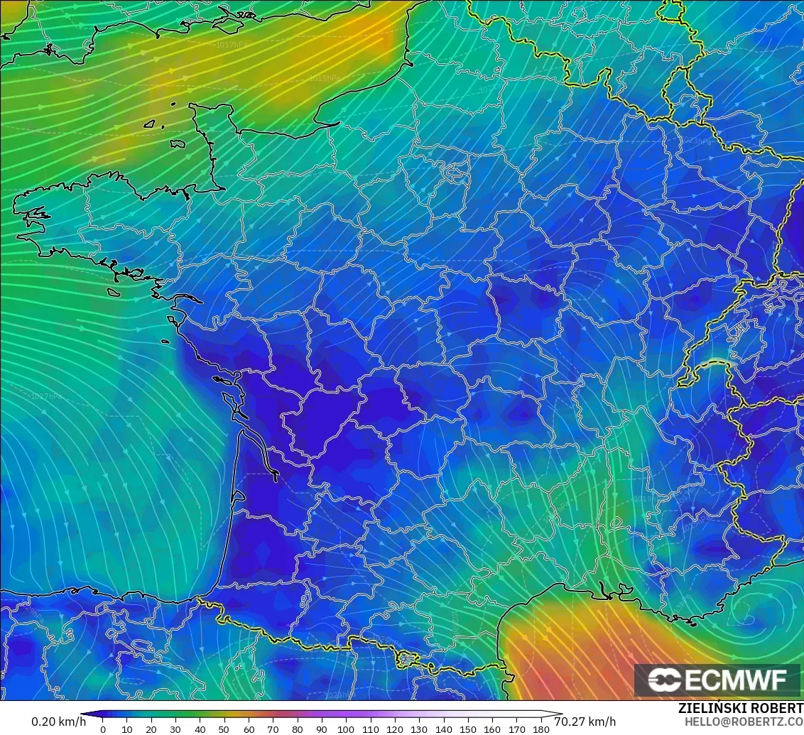 ECMWF IFS 0.25° model - France, Wind at 10m