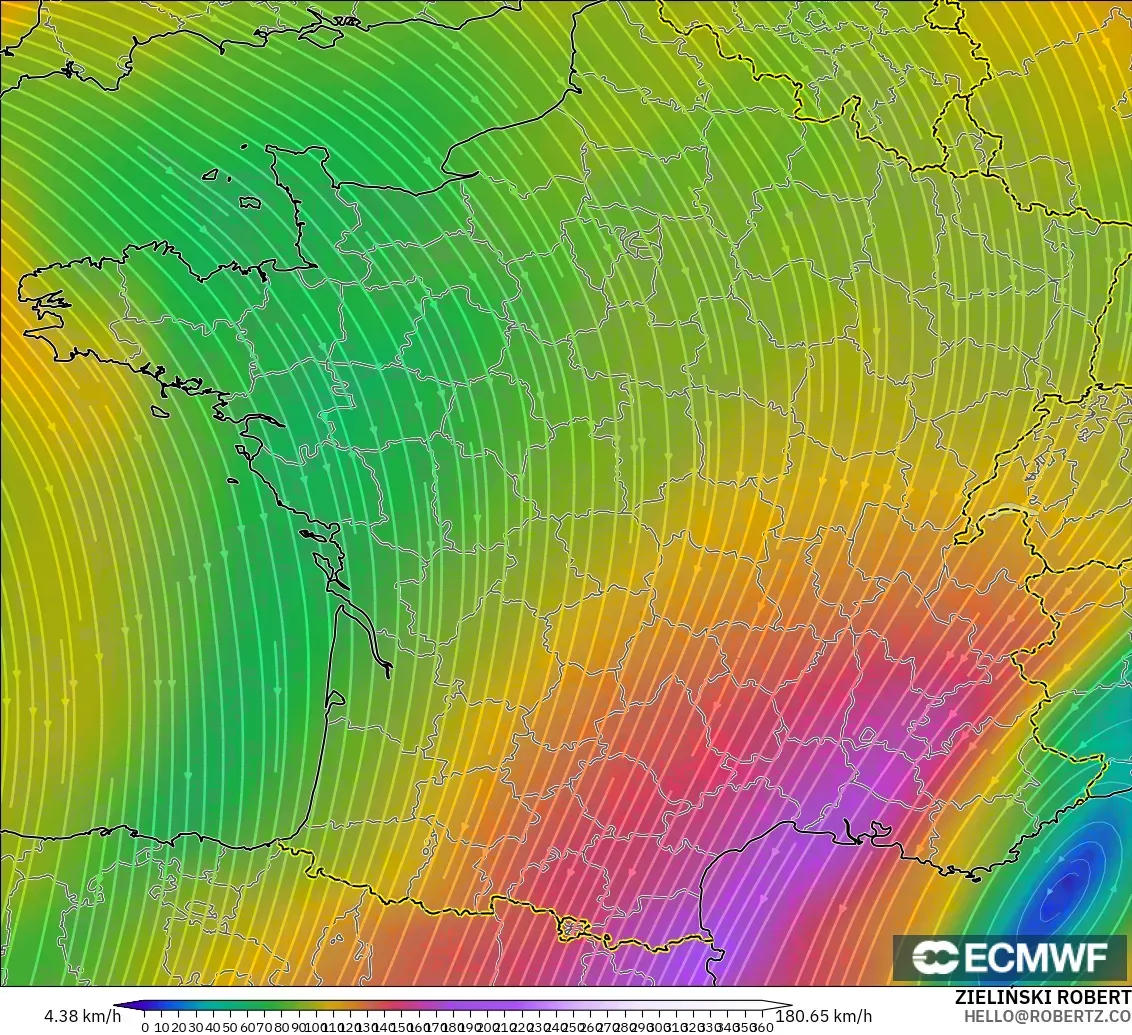 ECMWF IFS 0.25° model - France, Wind at 300hPa (jet stream)