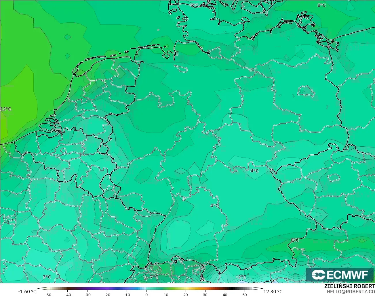 ECMWF IFS 0.25° model - Germany, Dewpoint at 2m