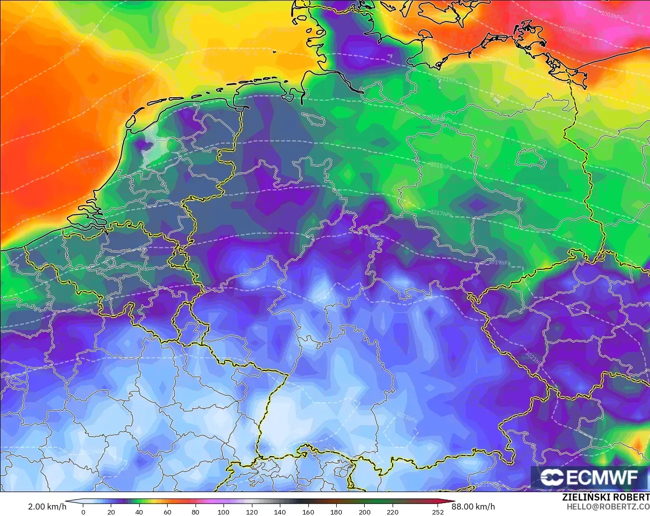 ECMWF IFS 0.25° model - Germany, Wind Gusts Peak