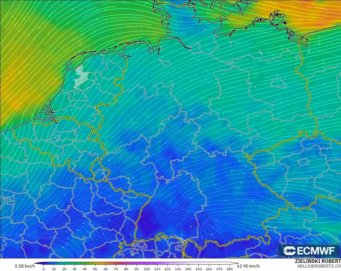 ECMWF IFS 0.25° model - Germany, Wind at 10m