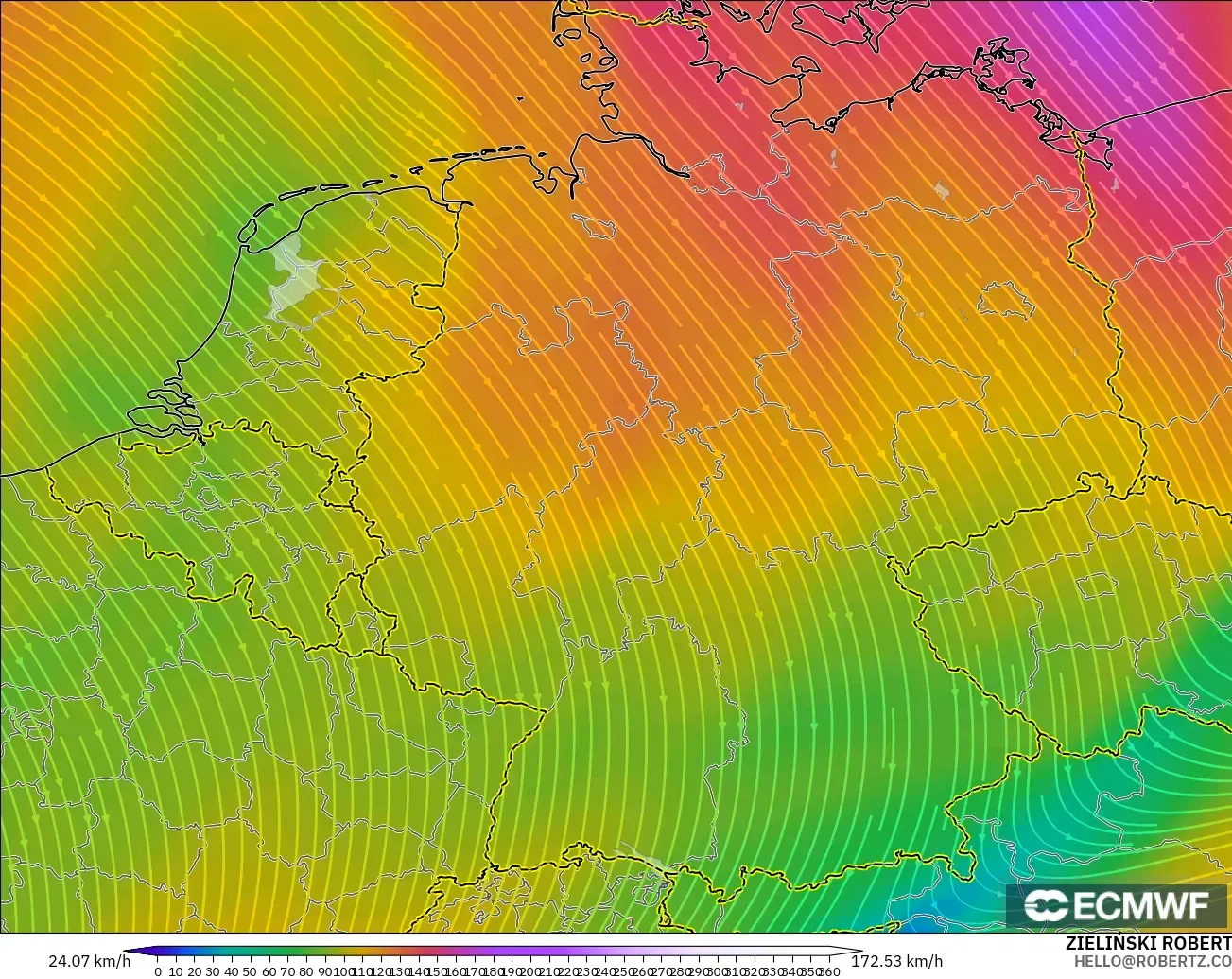 ECMWF IFS 0.25° model - Germany, Wind at 300hPa (jet stream)