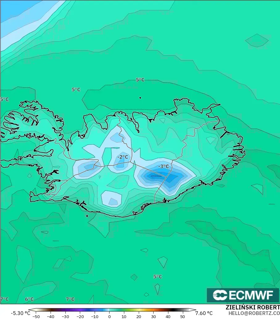 ECMWF IFS 0.25° model - Iceland, Dewpoint at 2m
