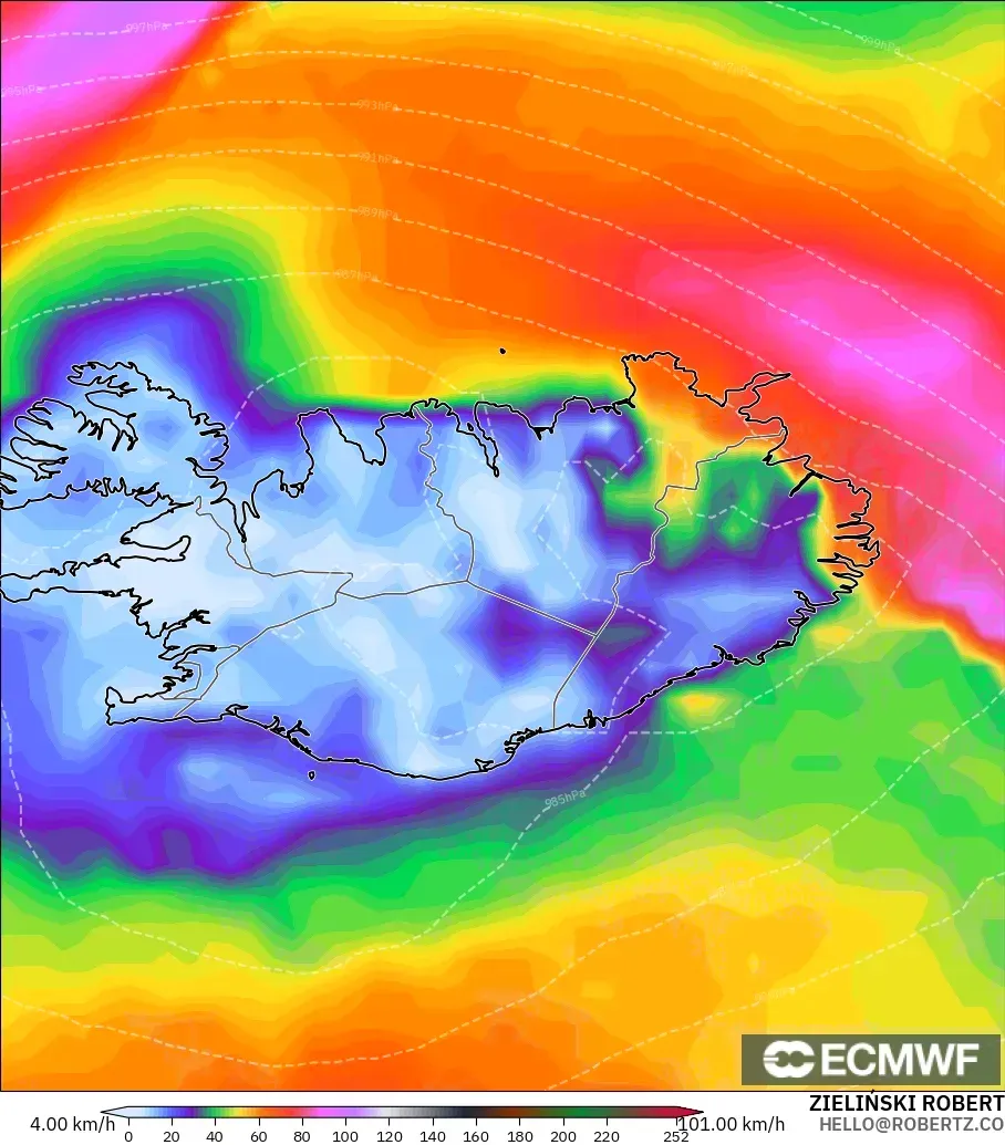 ECMWF IFS 0.25° model - Iceland, Wind Gusts Peak