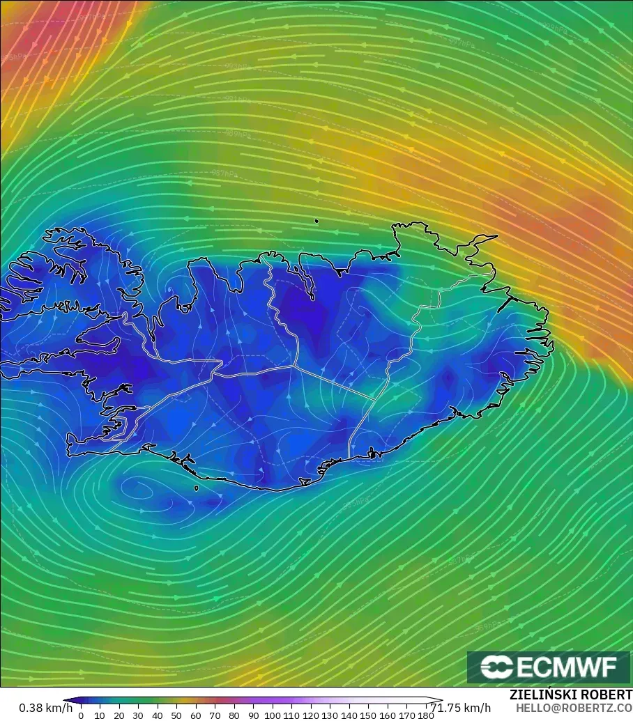 ECMWF IFS 0.25° model - Iceland, Wind at 10m