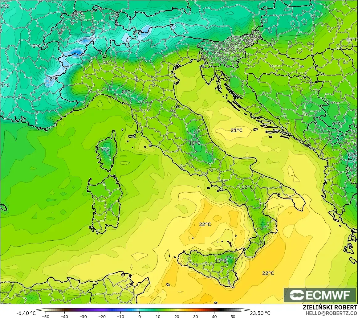 ECMWF IFS 0.25° model - Italy, Dewpoint at 2m