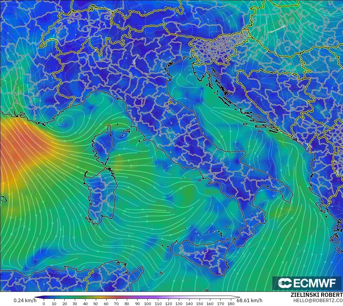ECMWF IFS 0.25° model - Italy, Wind at 10m