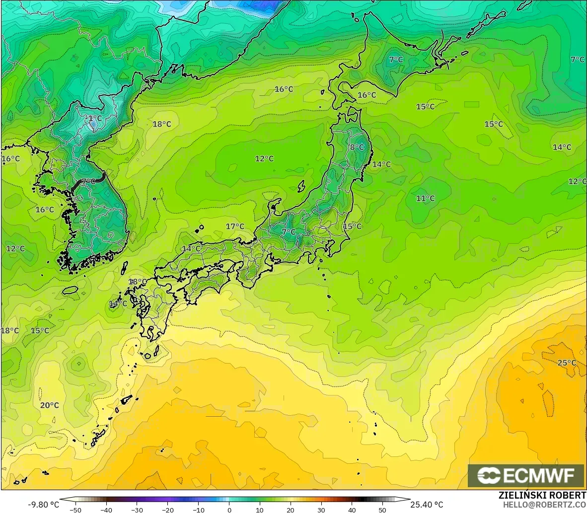 ECMWF IFS 0.25° model - Japan, Dewpoint at 2m