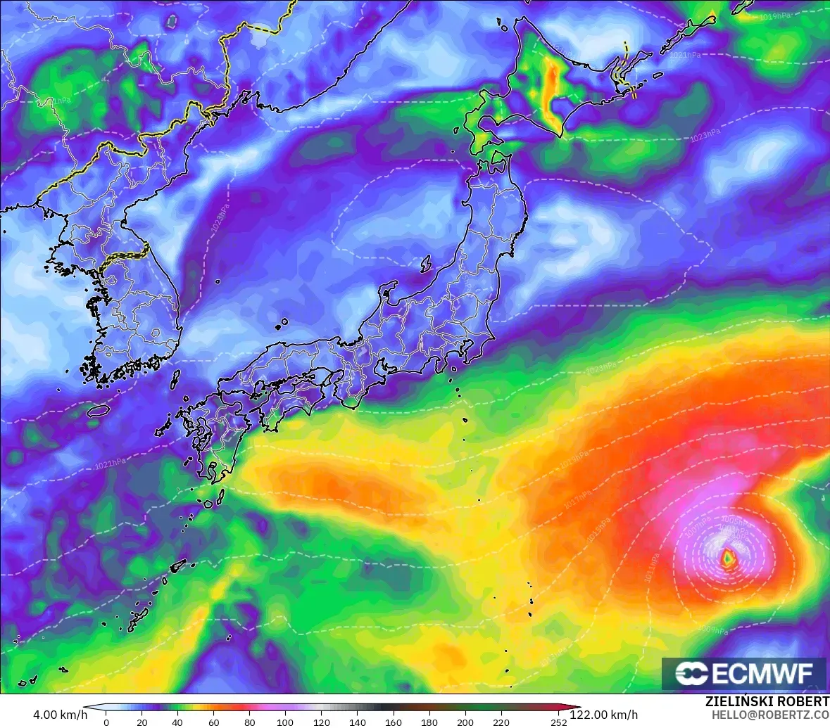 ECMWF IFS 0.25° model - Japan, Wind Gusts Peak