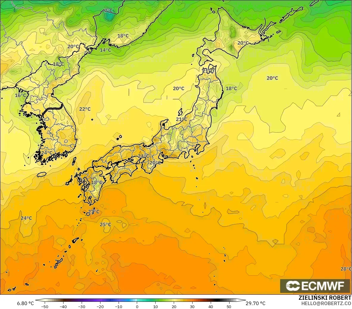 ECMWF IFS 0.25° model - Japan, Temperature at 2m