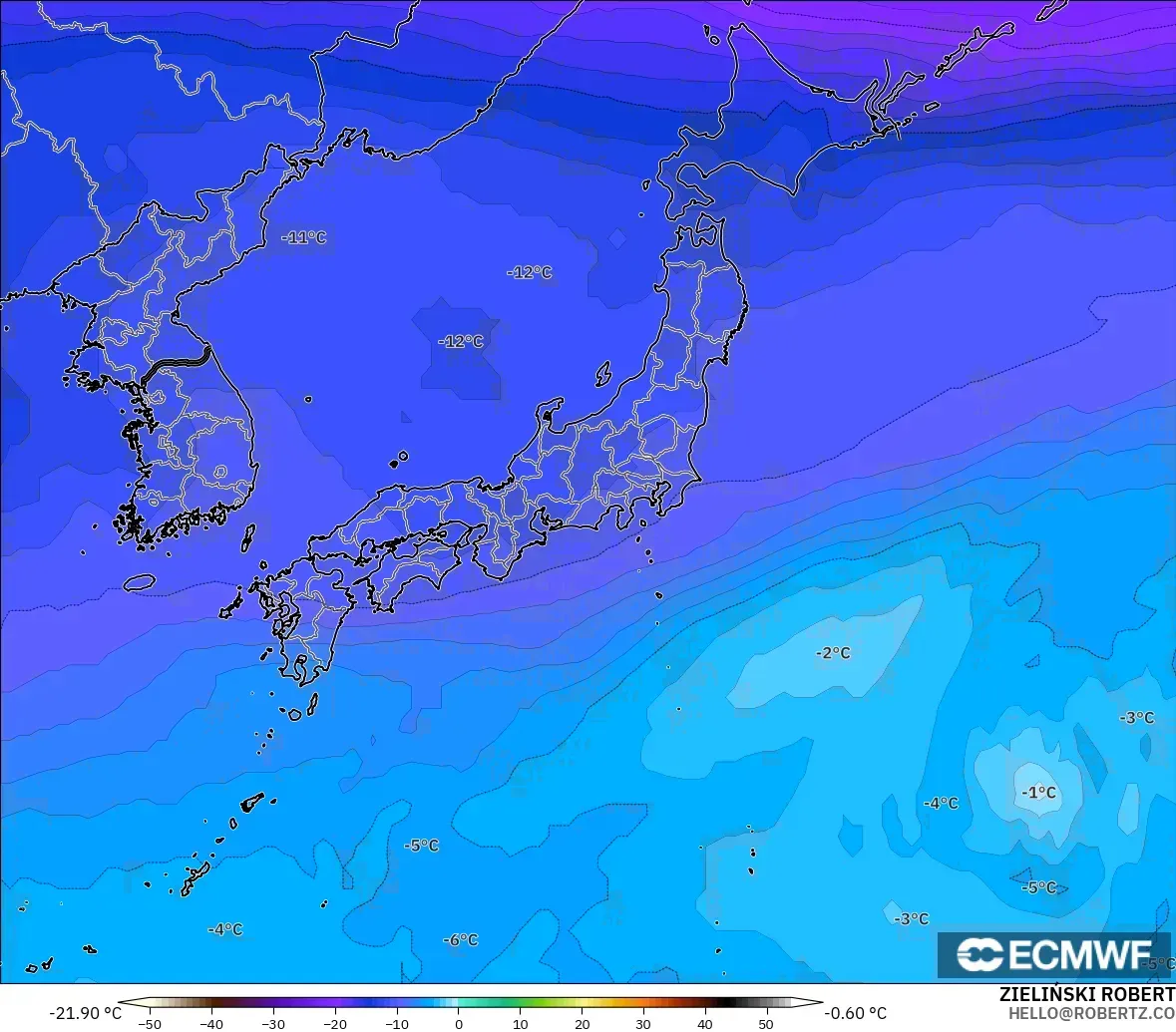 ECMWF IFS 0.25° model - Japan, Temperature at 500hPa