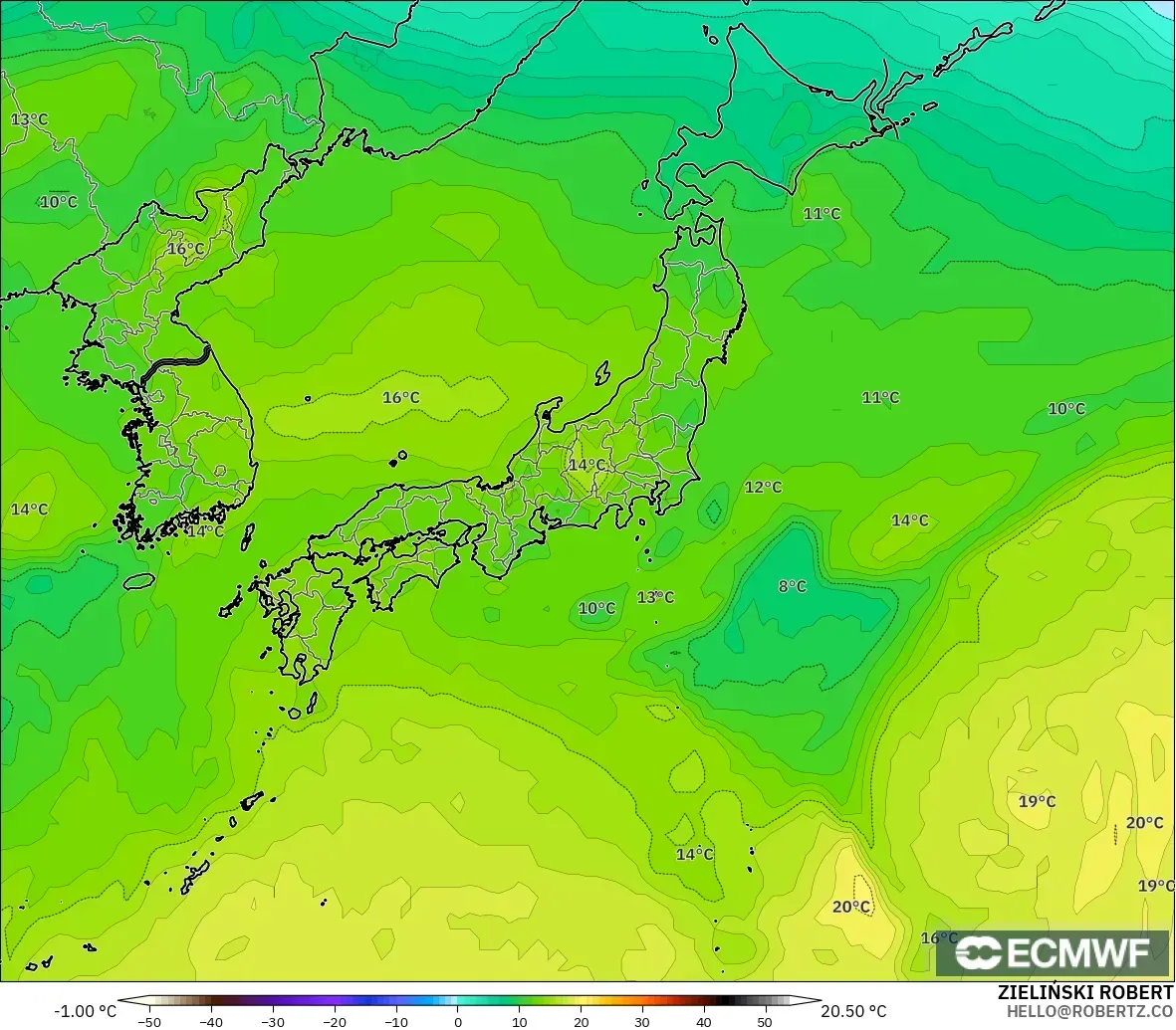 ECMWF IFS 0.25° model - Japan, Temperature at 850hPa