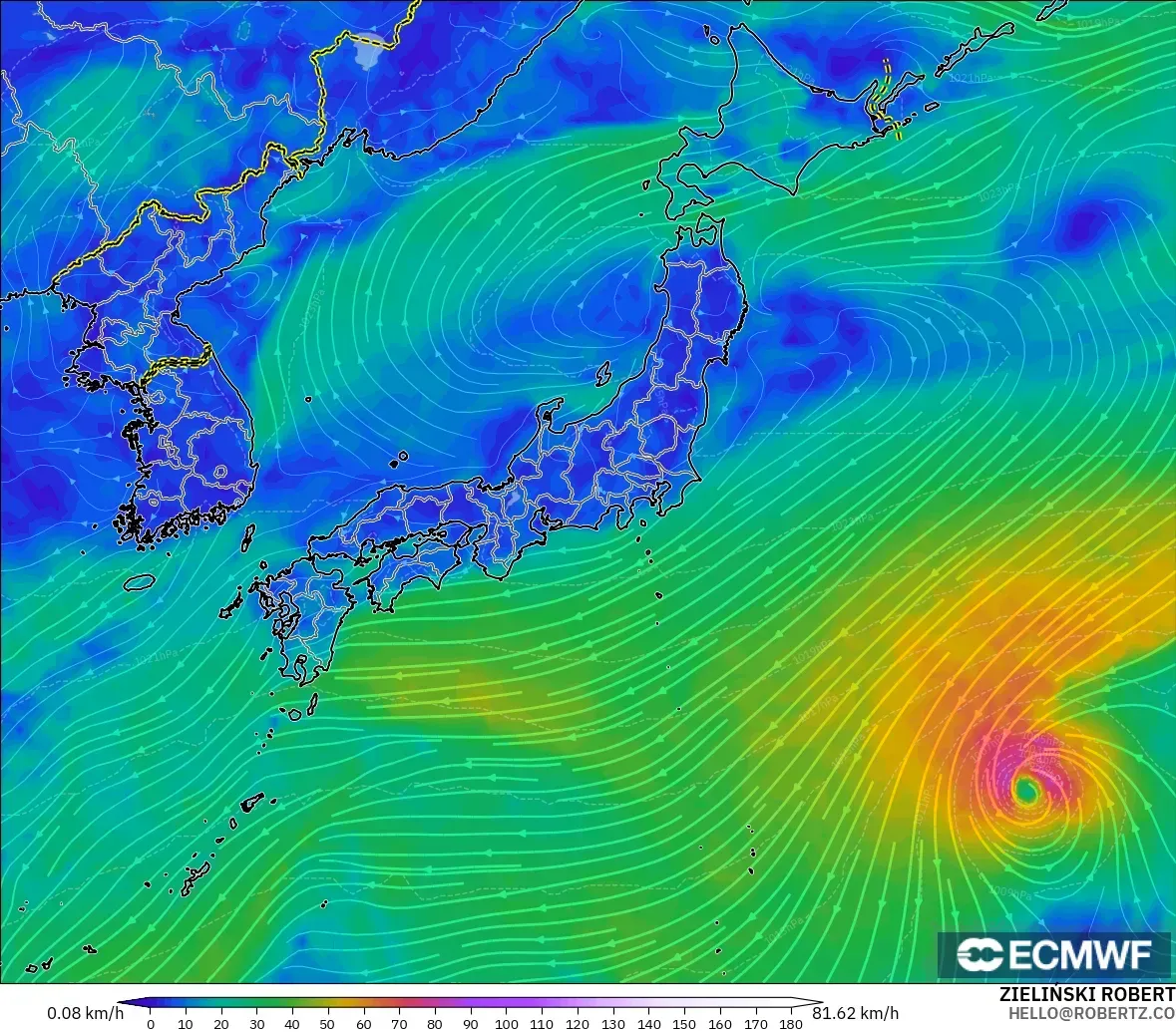 ECMWF IFS 0.25° model - Japan, Wind at 10m