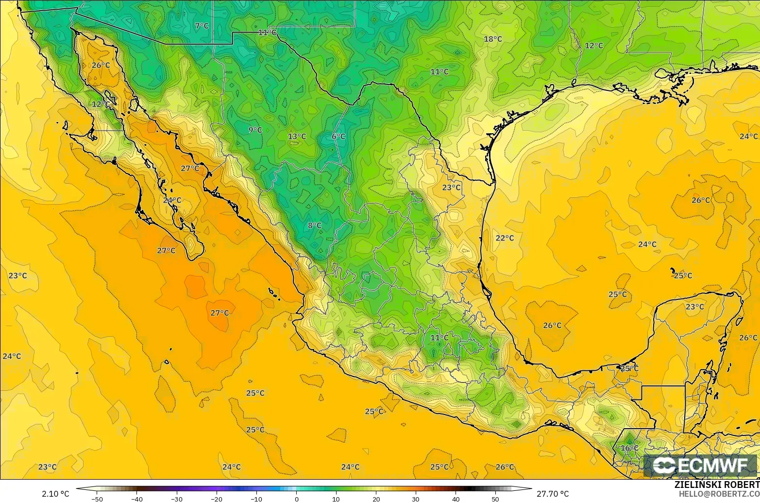 ECMWF IFS 0.25° model - Mexico, Dewpoint at 2m