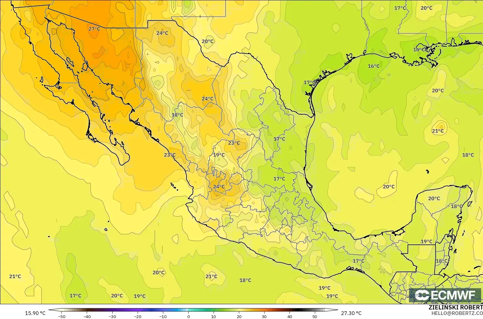 ECMWF IFS 0.25° model - Mexico, Temperature at 850hPa