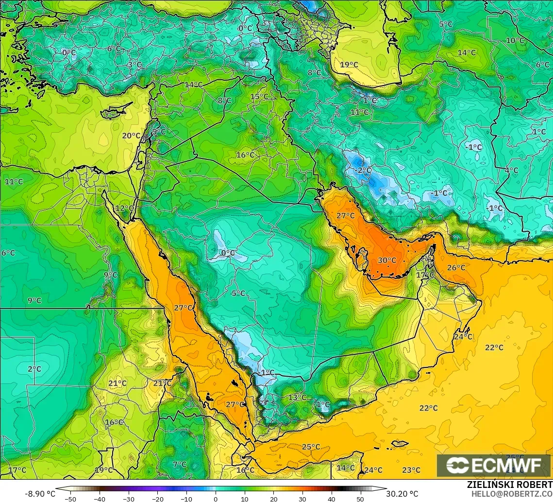 ECMWF IFS 0.25° model - Middle East, Dewpoint at 2m