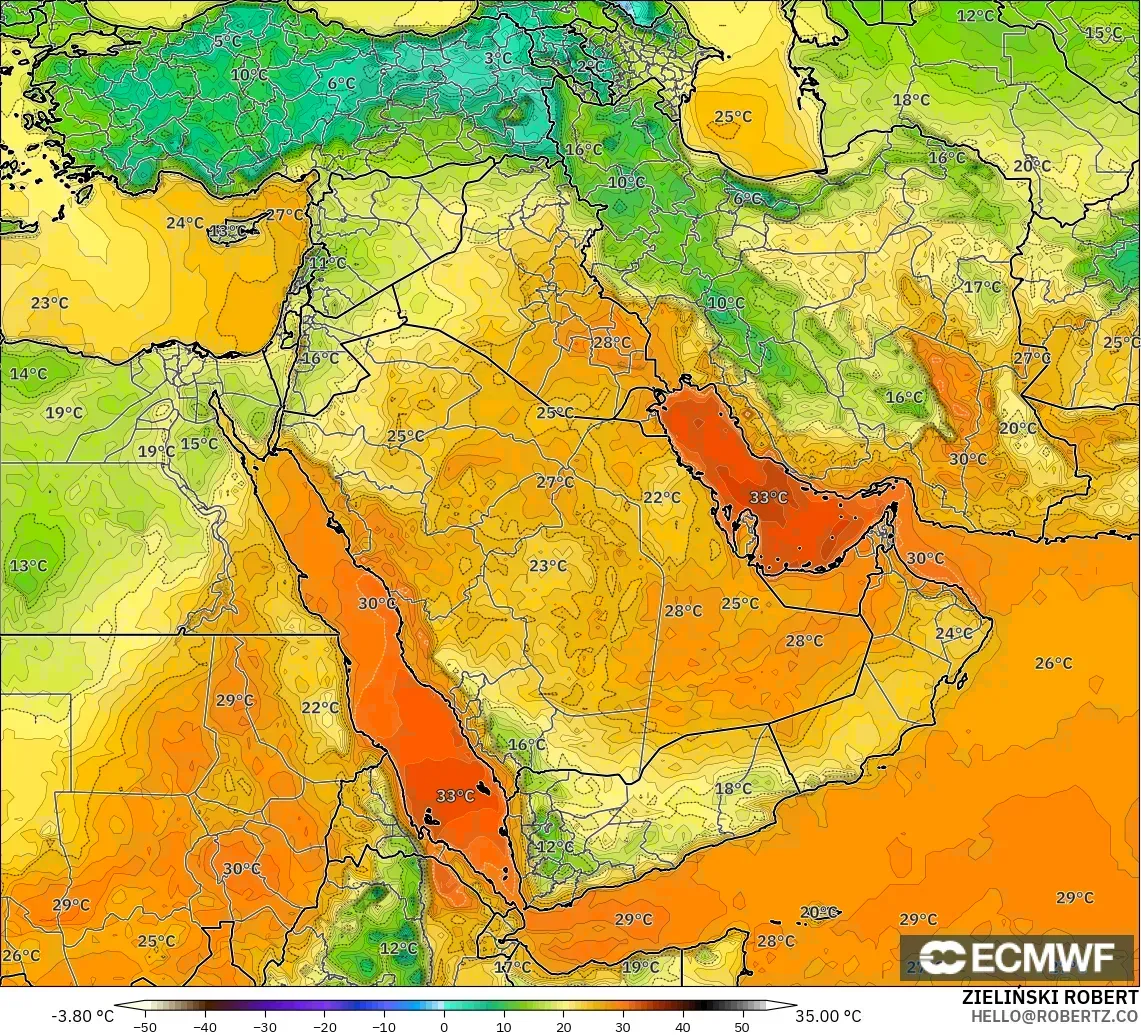ECMWF IFS 0.25° model - Middle East, Temperature at 2m