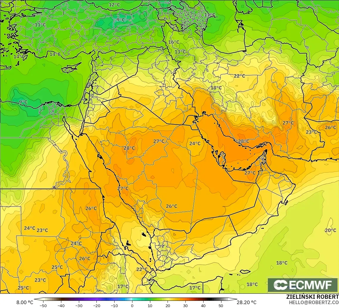 ECMWF IFS 0.25° model - Middle East, Temperature at 850hPa