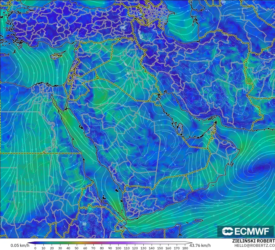 ECMWF IFS 0.25° model - Middle East, Wind at 10m