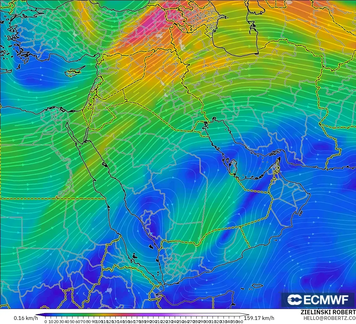 ECMWF IFS 0.25° model - Middle East, Wind at 300hPa (jet stream)