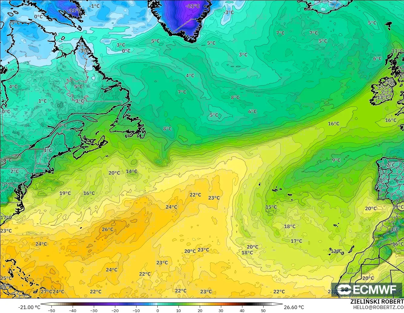 ECMWF IFS 0.25° model - North Atlantic, Dewpoint at 2m