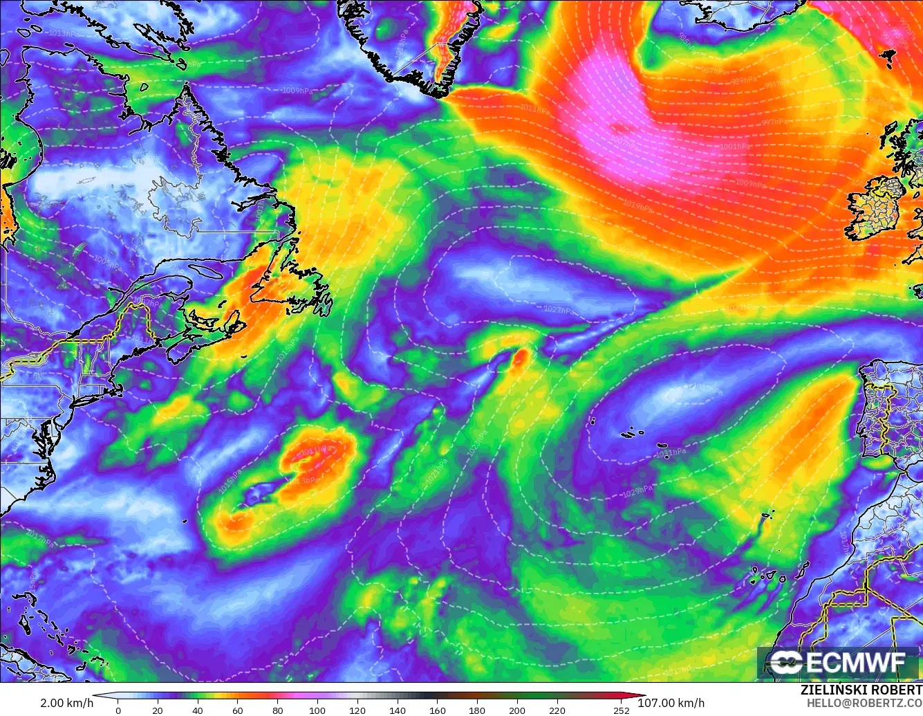 ECMWF IFS 0.25° model - North Atlantic, Wind Gusts Peak