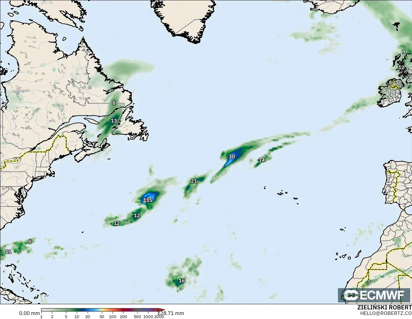 ECMWF IFS 0.25° model - North Atlantic, Precipitation Accumulation