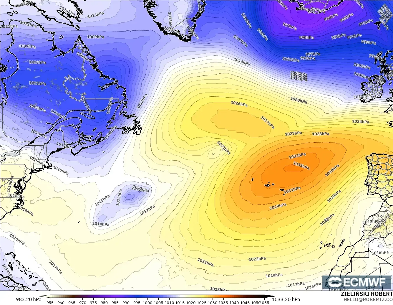 ECMWF IFS 0.25° model - North Atlantic, Pressure