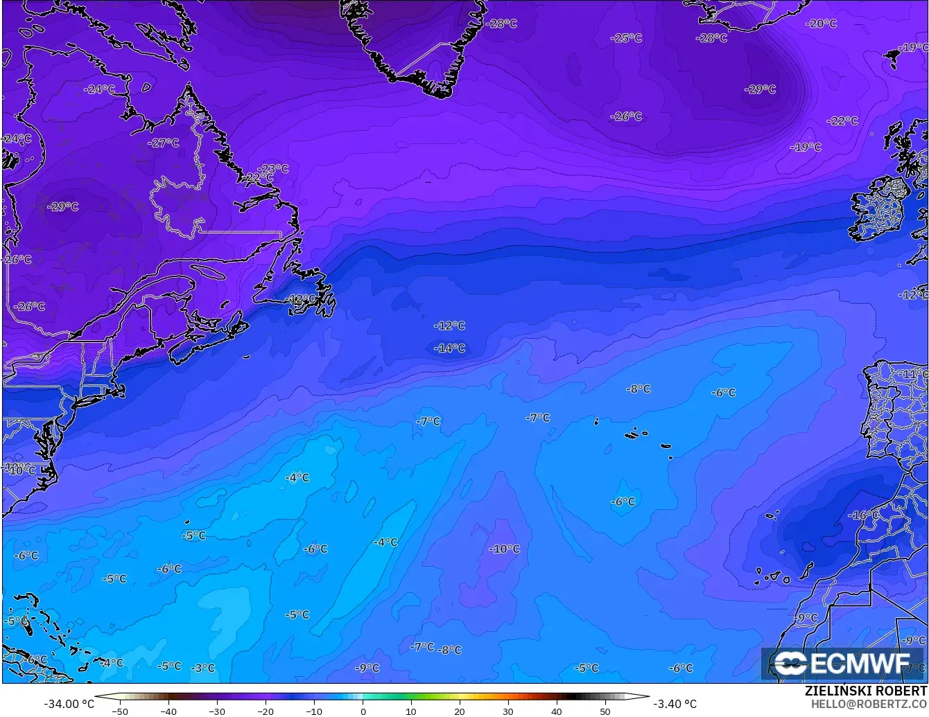 ECMWF IFS 0.25° model - North Atlantic, Temperature at 500hPa
