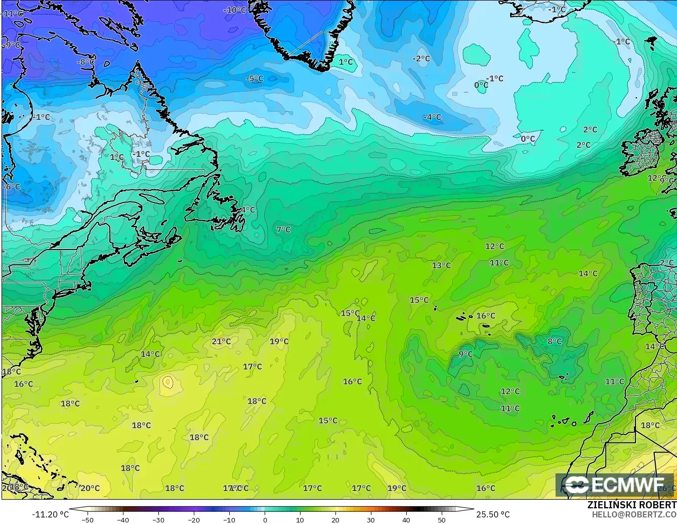 ECMWF IFS 0.25° model - North Atlantic, Temperature at 850hPa
