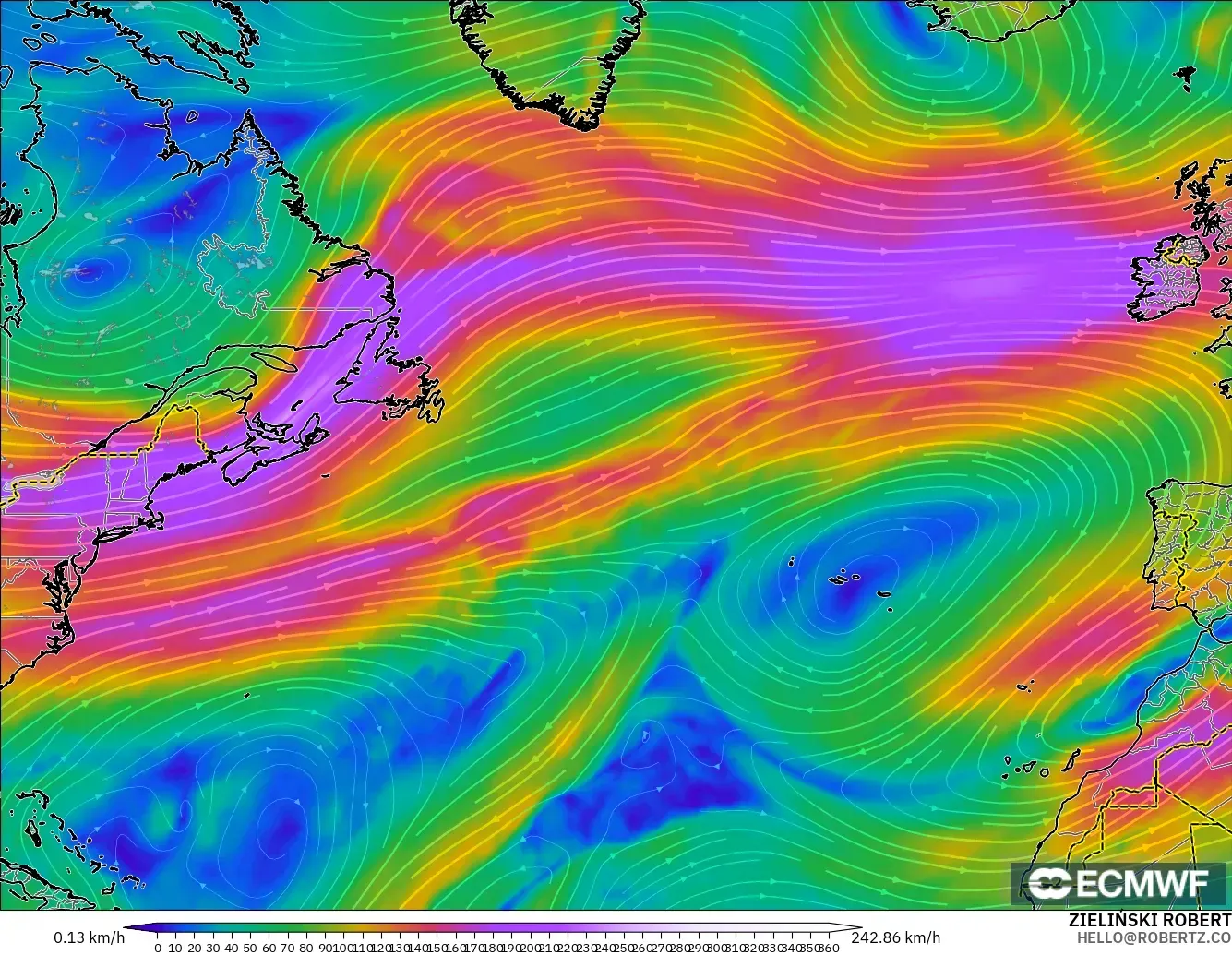 ECMWF IFS 0.25° model - North Atlantic, Wind at 300hPa (jet stream)