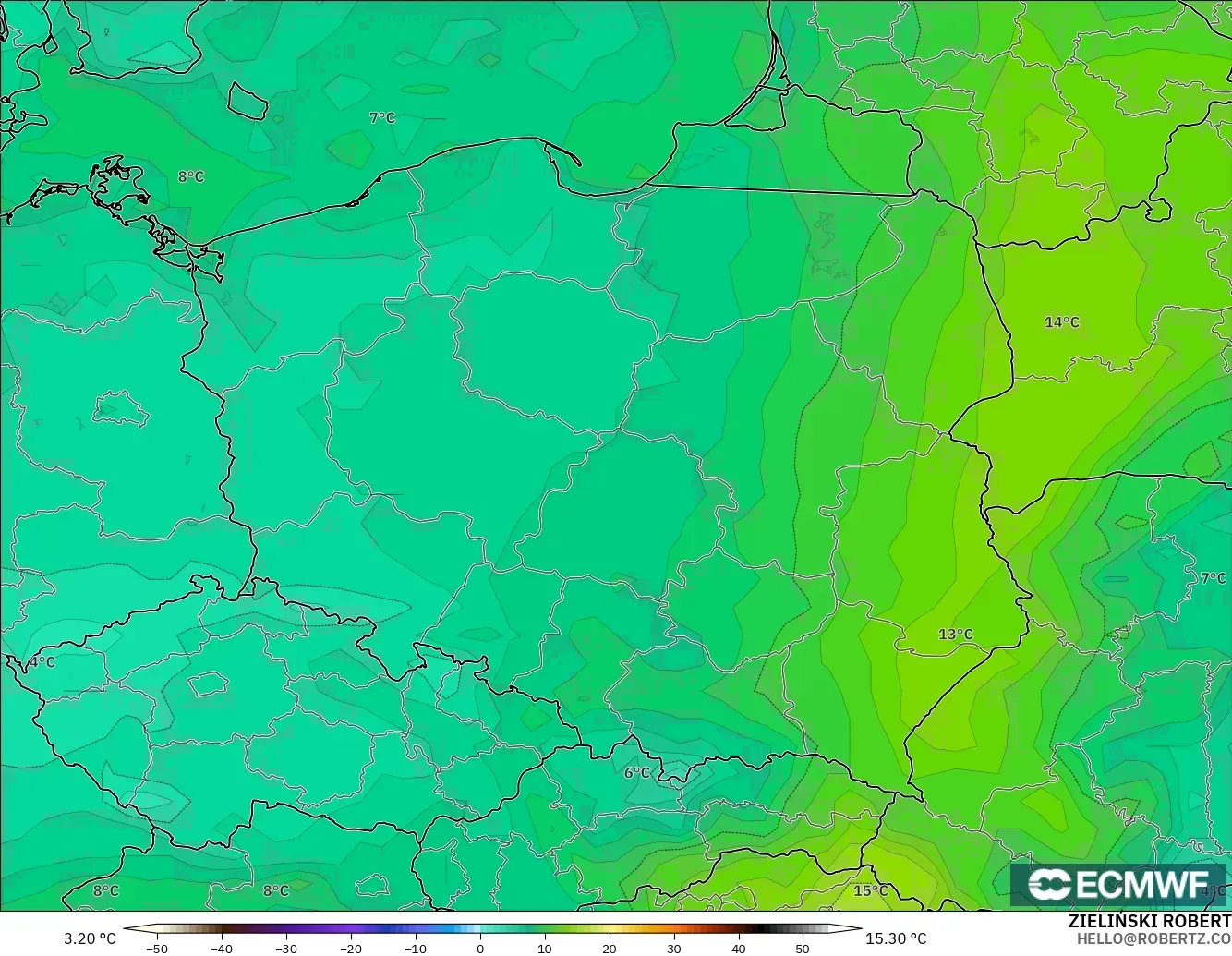 ECMWF IFS 0.25° model - Poland, Dewpoint at 2m