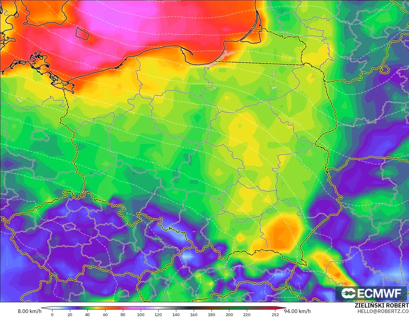 ECMWF IFS 0.25° model - Poland, Wind Gusts